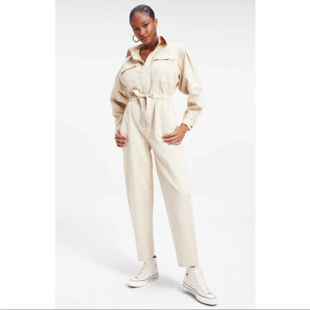 Good American Cinched Utilitarian Jumpsuit Cream Size Small Long Sleeve NEW